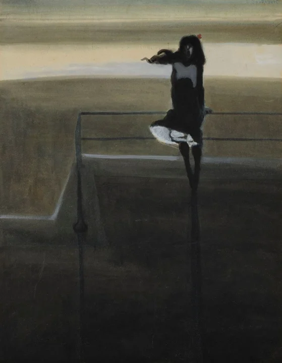 Spilliaert painted a girl in the wind, the atmosphere is melancholic,