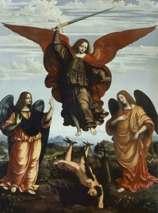 The three archangel Gabriel, Michael and Rafael, against Satan