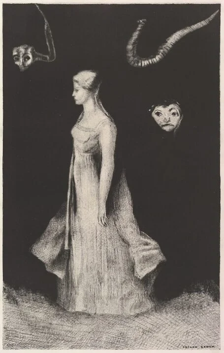 Haunting, a litography by Odilon Redon. A female ghostly figure stays in the dark, with two strange creature coming out of it.