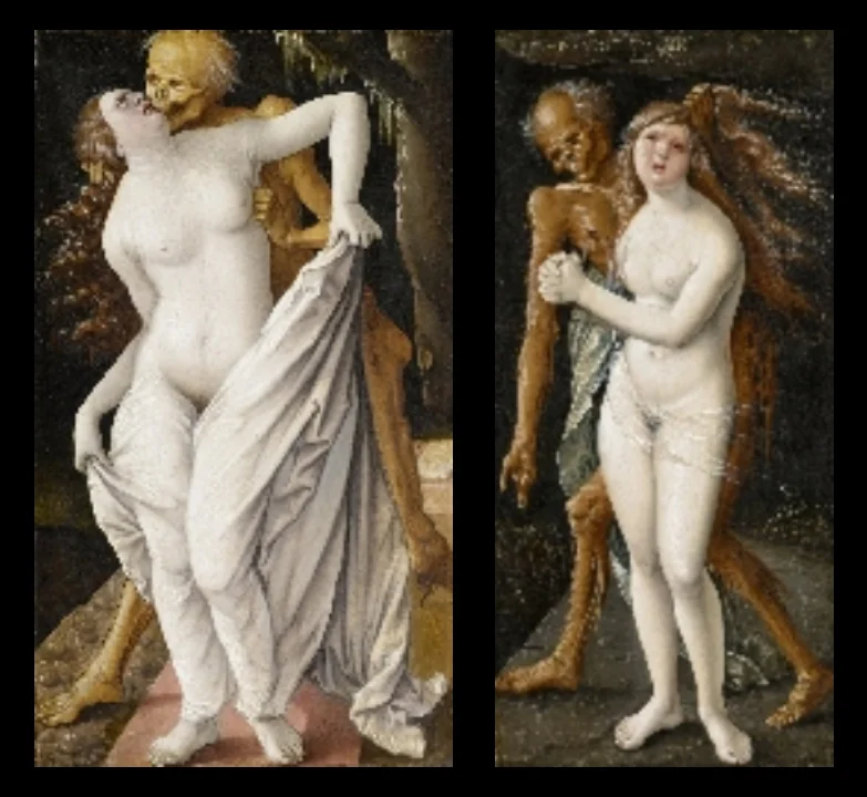 The collage shows two painting in which the death try to courting a woman (on the left) and a young lady (on the right).