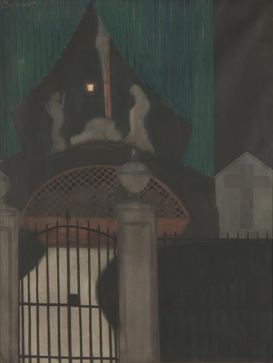 A dark scene representing the city of Ostende, birth place of the painter Léon Spilliaert