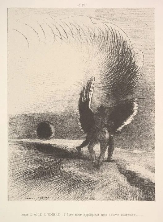 In the shadow of the wing, the black creature bit is a litography realized by the french simbolist Odilon Redon in 1891. Courtesy of Met Museum