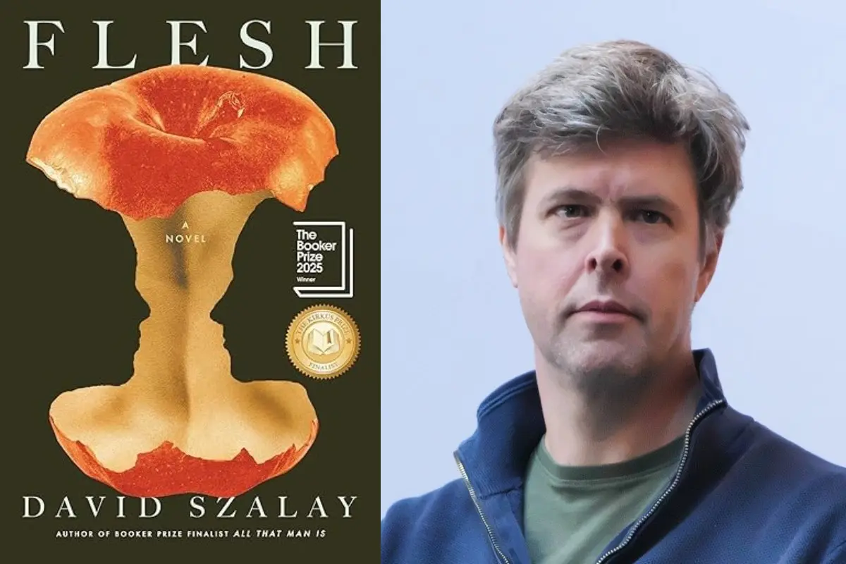 Flesh's author, David Szalay, and the cover of his book