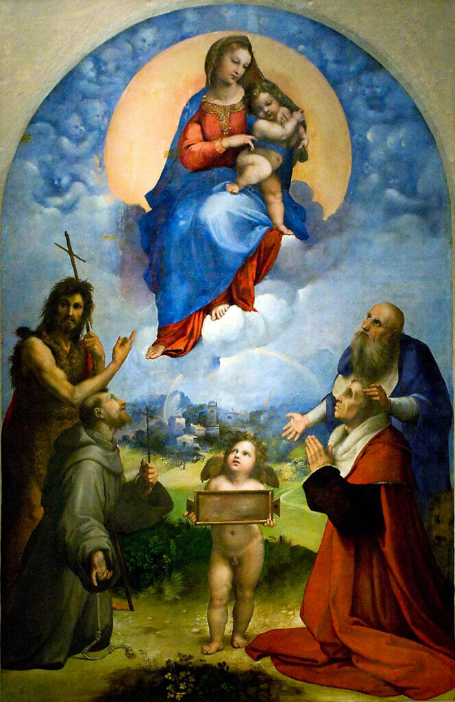 A painting on panel of the Madonna and child surrounded by Saints and Cherubs