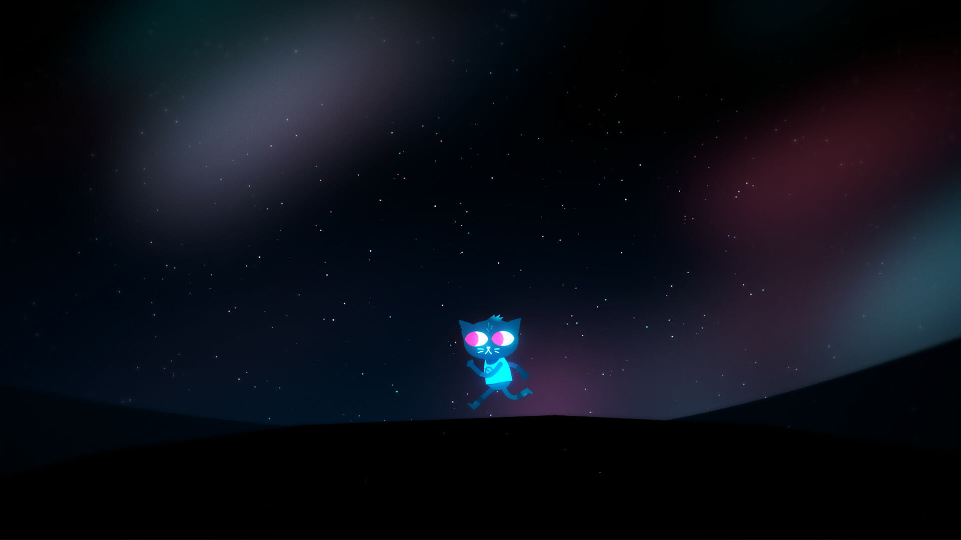 A screenshot from Night in The Woods, in which Mae runs to the left in her dream world.