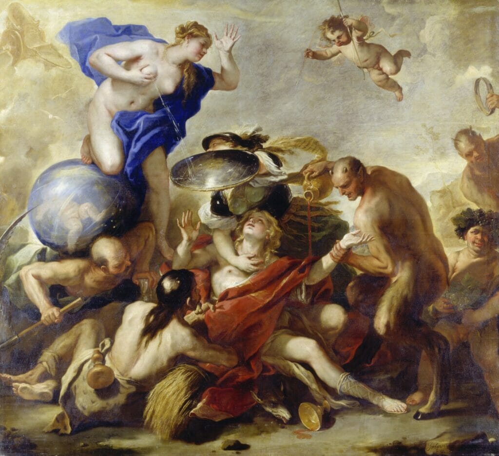 Luca Giordano painted an allegory of youth using elements from greek mithology, in which gods are trying to tempt the young boy with their offers.