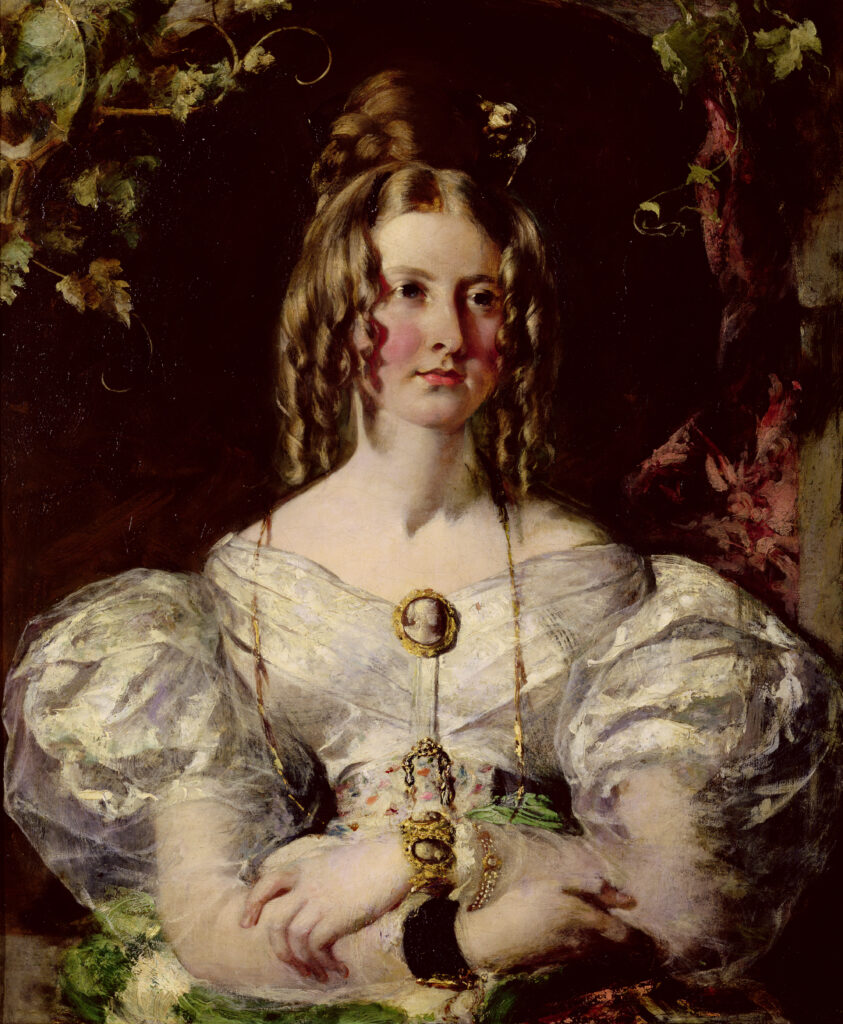 In 1833 William Etty portrayed this young lady of English nobility. Her style perfectly represents the Regency style.