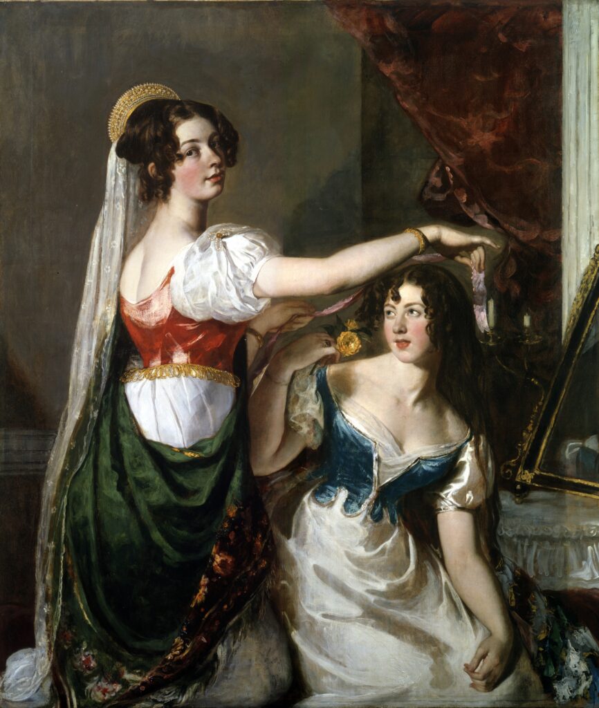 The painting show two sisters while preparing for a ball at the court, a typical social event for the nobilty of the Regency era.