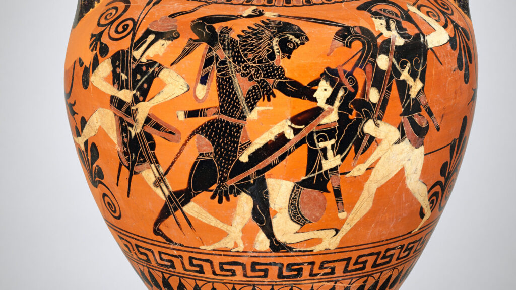 Detail of a Greek terracotta amphora, depicting an Amazon battle. Image courtesy of the Met Museum, New York, c. 520 B.C.