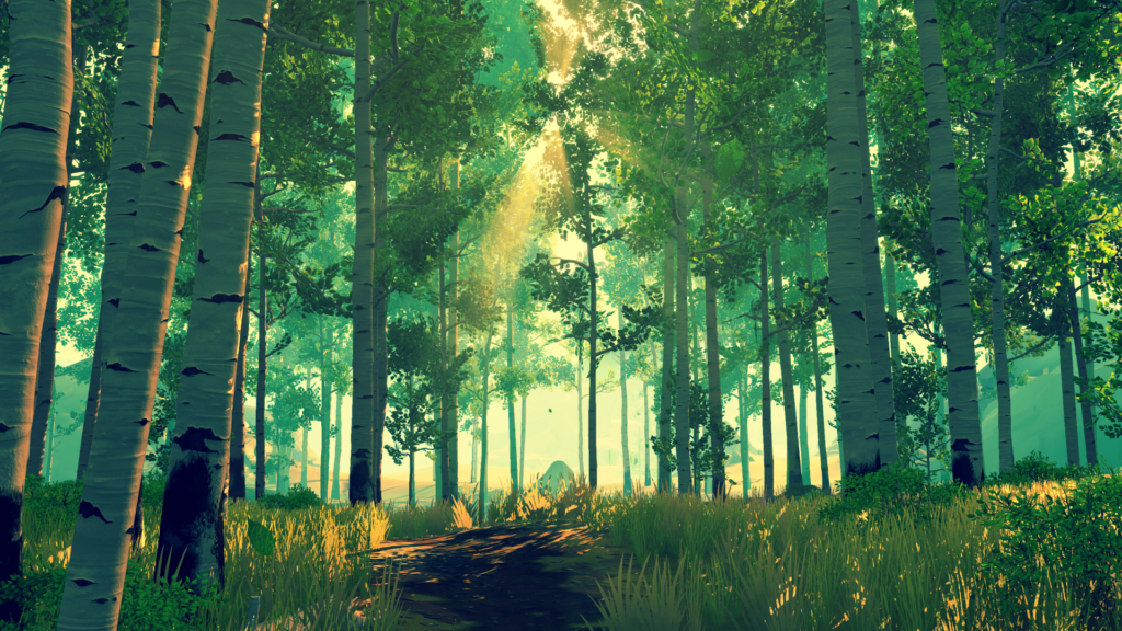 A gameplay image of the woods in the national forest, in the morning.