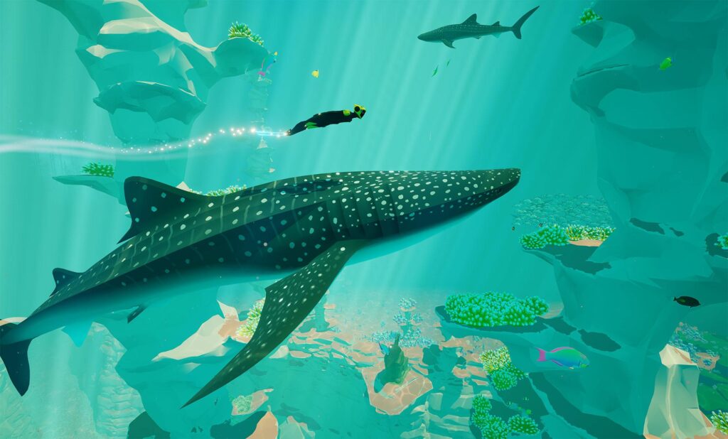 gameplay screenshot of Abzu; diving with a shark.