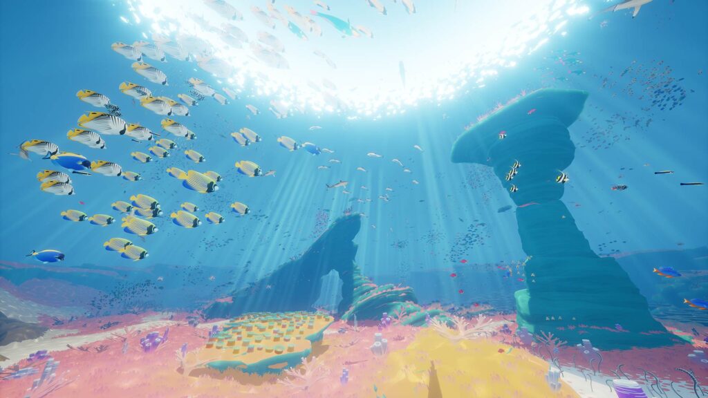 gameplay screenshot of Abzu, with plants and animals.