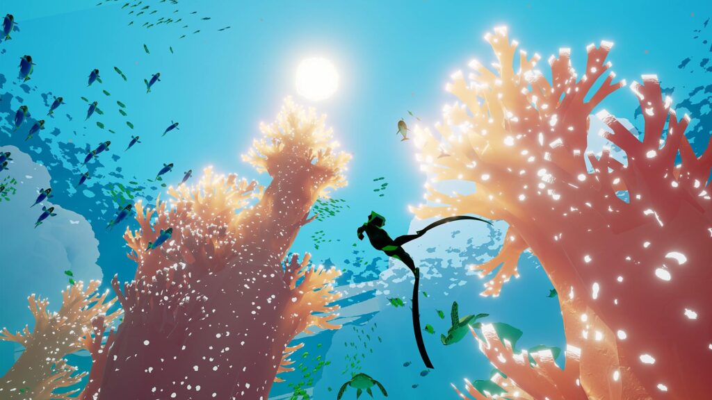 gameplay screenshot of Abzu; diving through plants and animals.