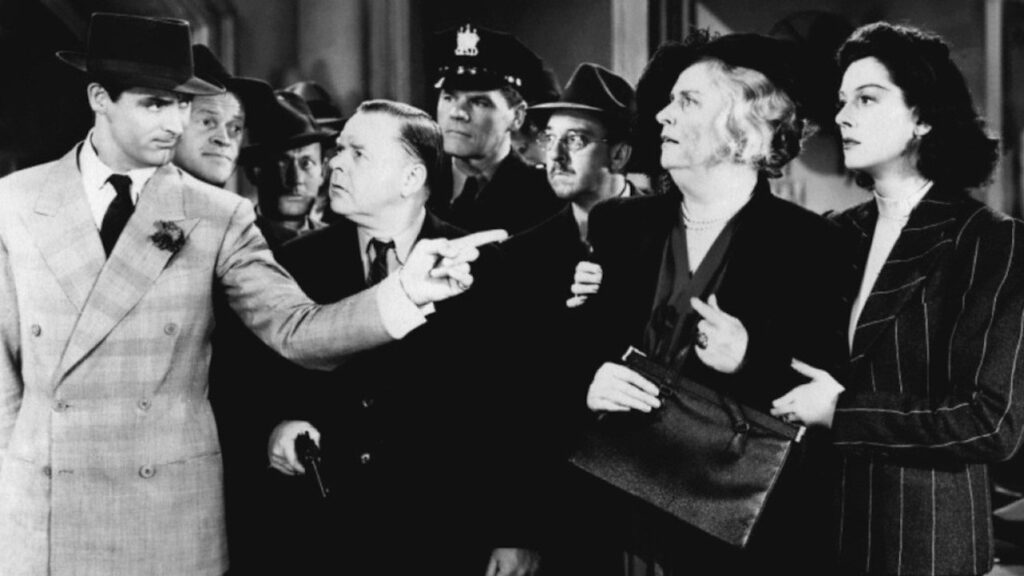 A quarrel between Grant's character and Russell's family in law in His Girl Friday