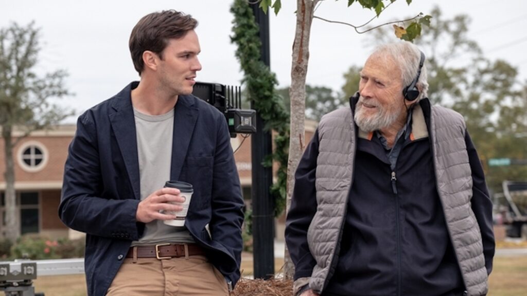 Nicholas Hoult and Clint Eastwood on the set of Juror #2.