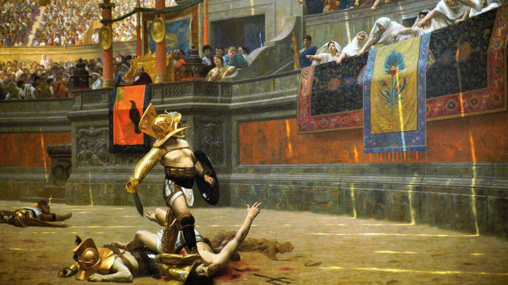 The 1872 painting Pollice Verso by Jean-Léon Gérome displays a gladiator after he won a fight