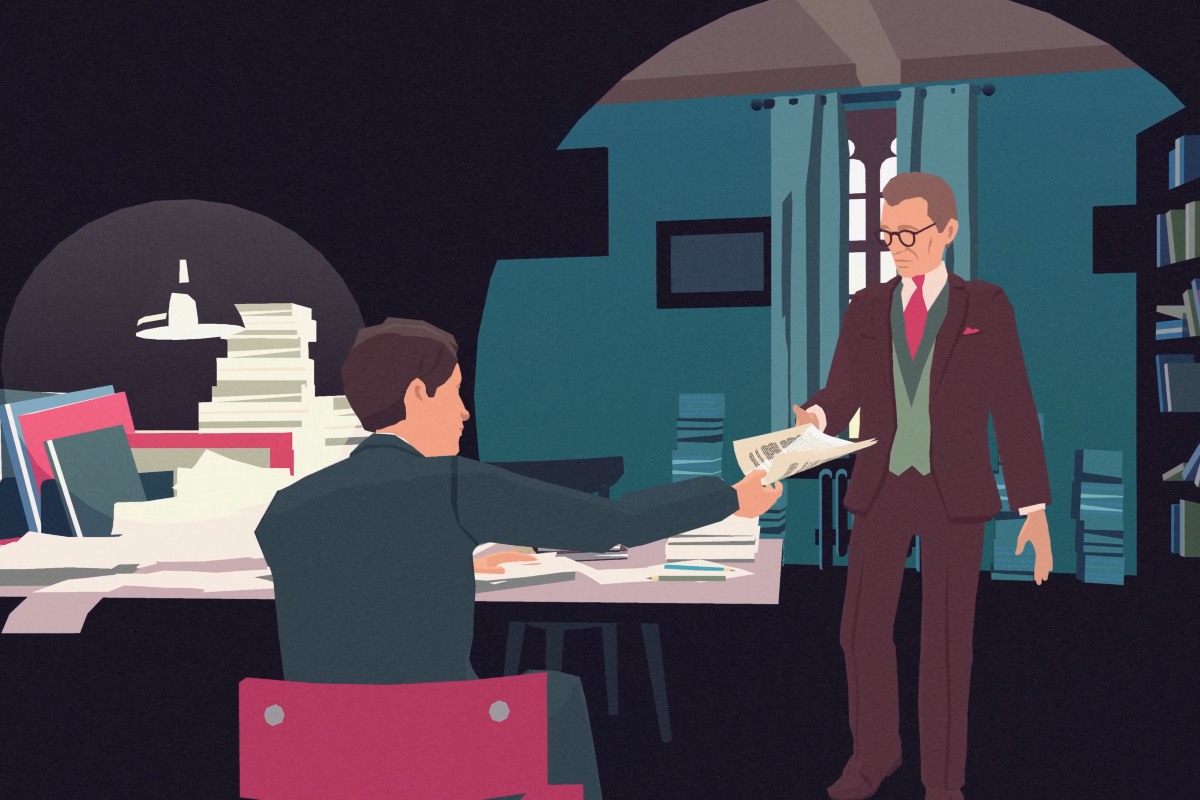 Gameplay screenshot of South of the Circle; Professor Hargreaves reads Peter's work.