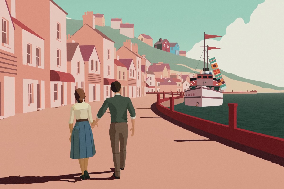 Gameplay screenshot of South of the Circle; Peter and Clara walking on the seaside.