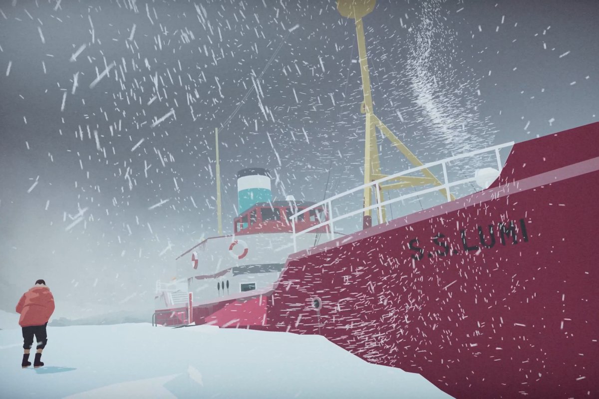 Gameplay screenshot of South of the Circle; Peter finds an icebreaker ship in Antarctica.
