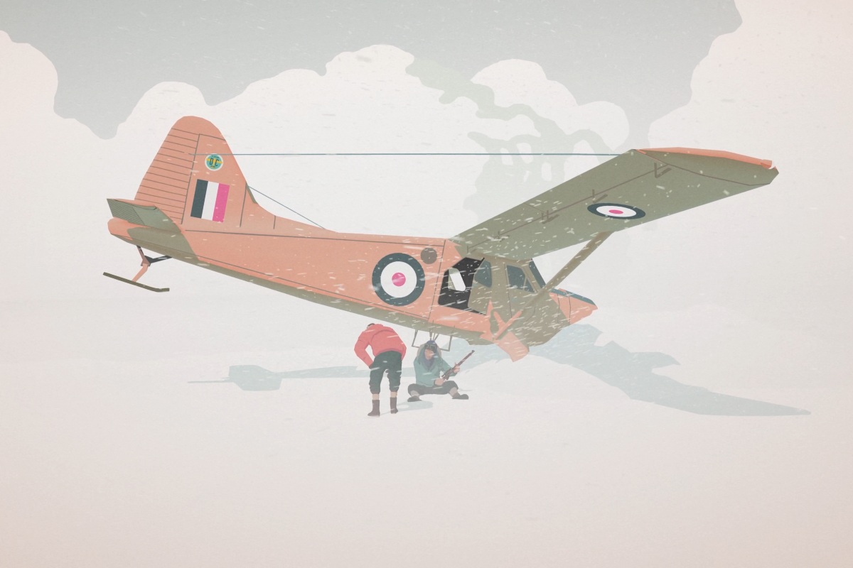 Gameplay screenshot of South of the Circle; Peter and Floyd near the airplane crushed in Antarctica.