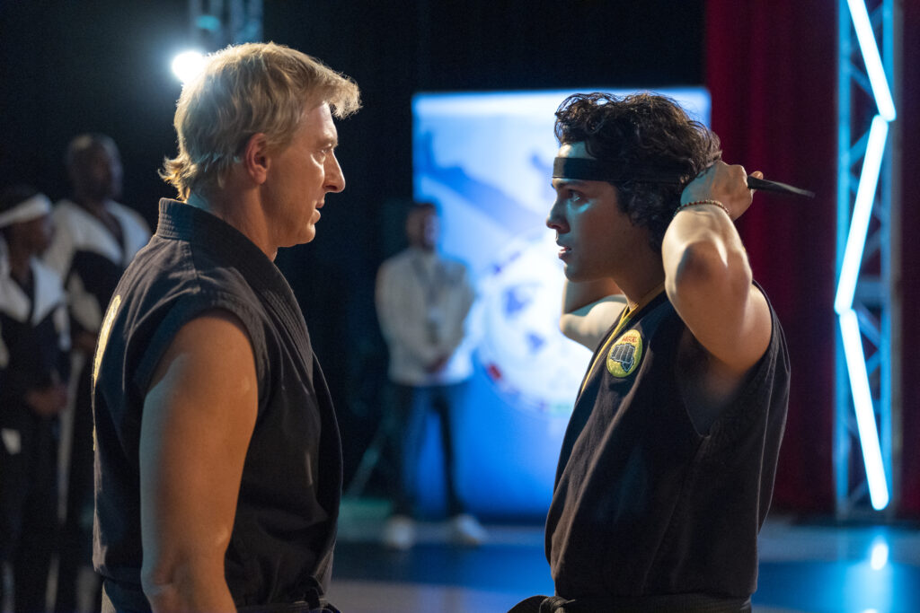 William Zabka as Johnny Lawrence, Xolo Maridueña as Miguel Diaz in episode 614 of Cobra Kai.