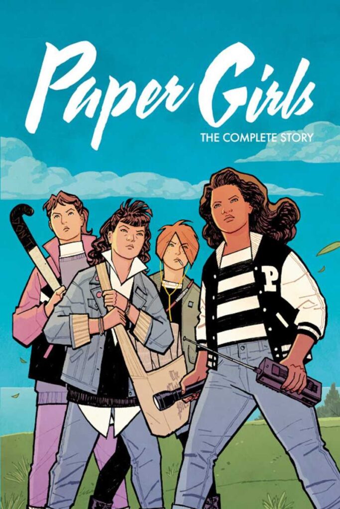 The cover of the complete story of Paper Girls, featuring the four protagonists
