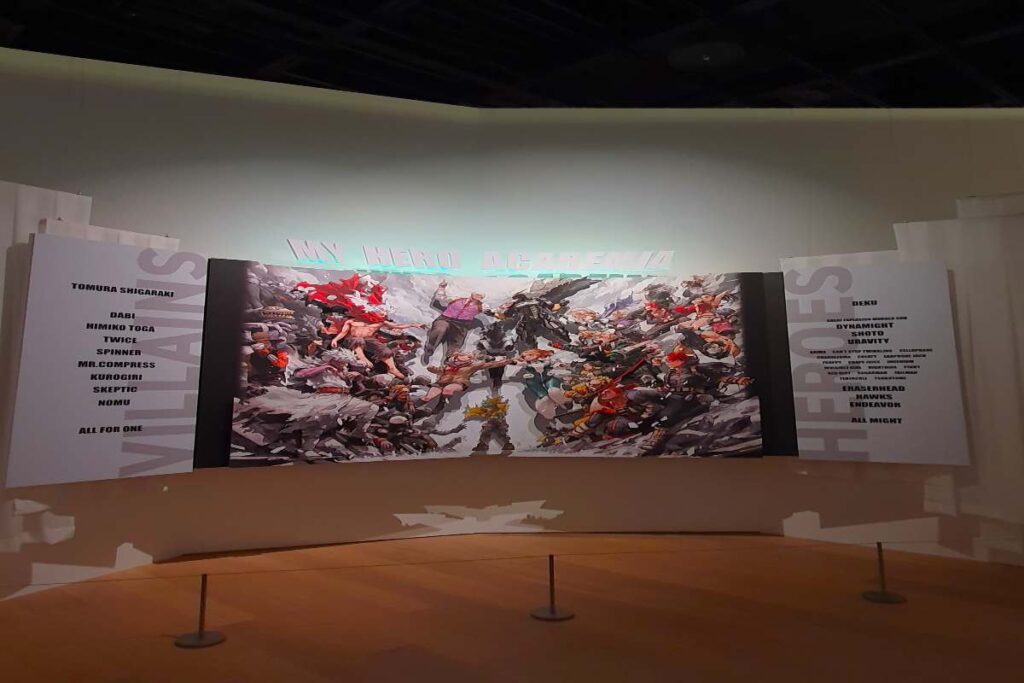 My Hero Academia exhibition panel at Creative Museum, Tokyo, showing all the characters from the manga and the exhibition credits