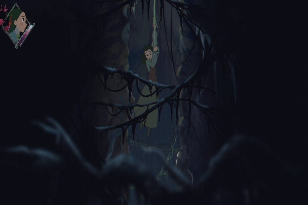 Alana holding onto a vine as she ventures a dark forest