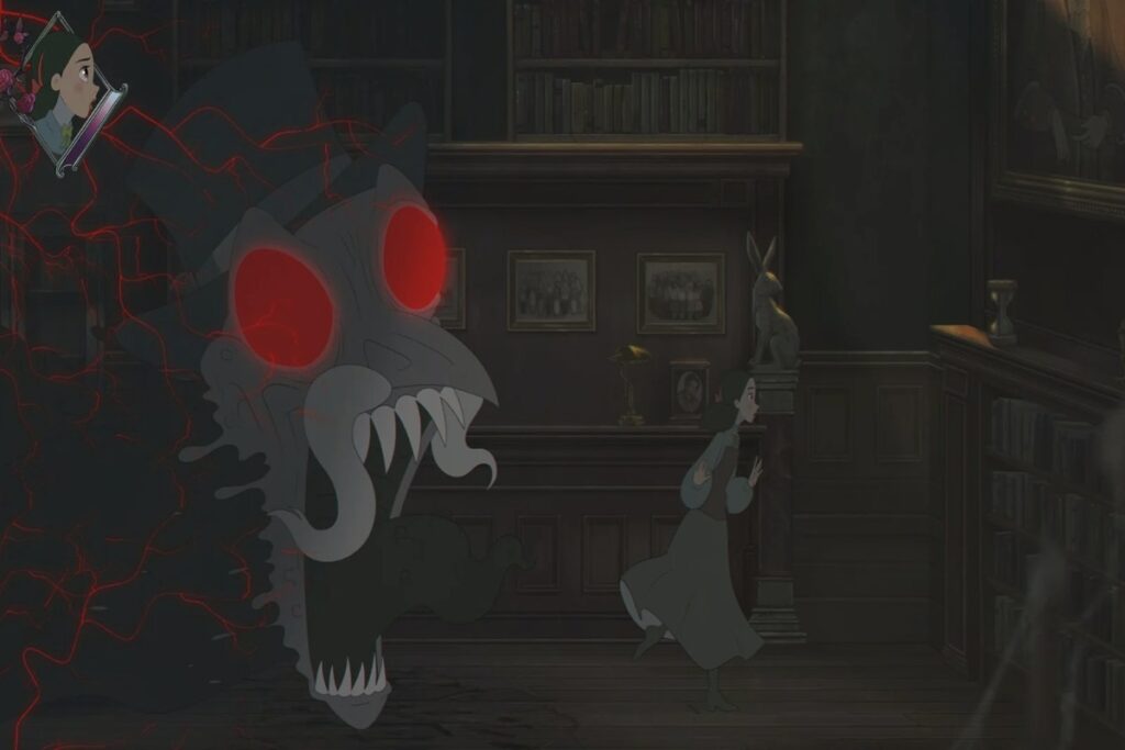 Alana fleeing from a monstrous Mr. Kin