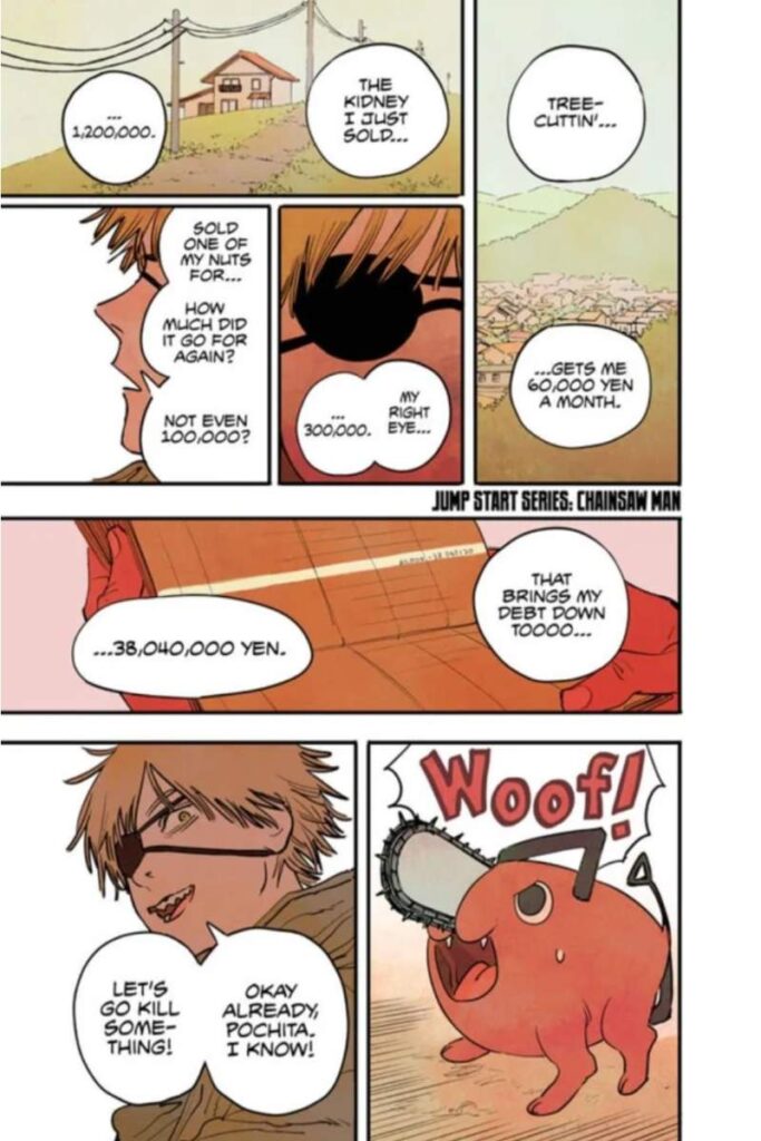The first page of Chainsaw Man, featuring Denji and Pochita