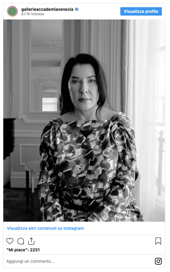 Marina Abramovic introduces her Venice Exhibition in an Instagram Post