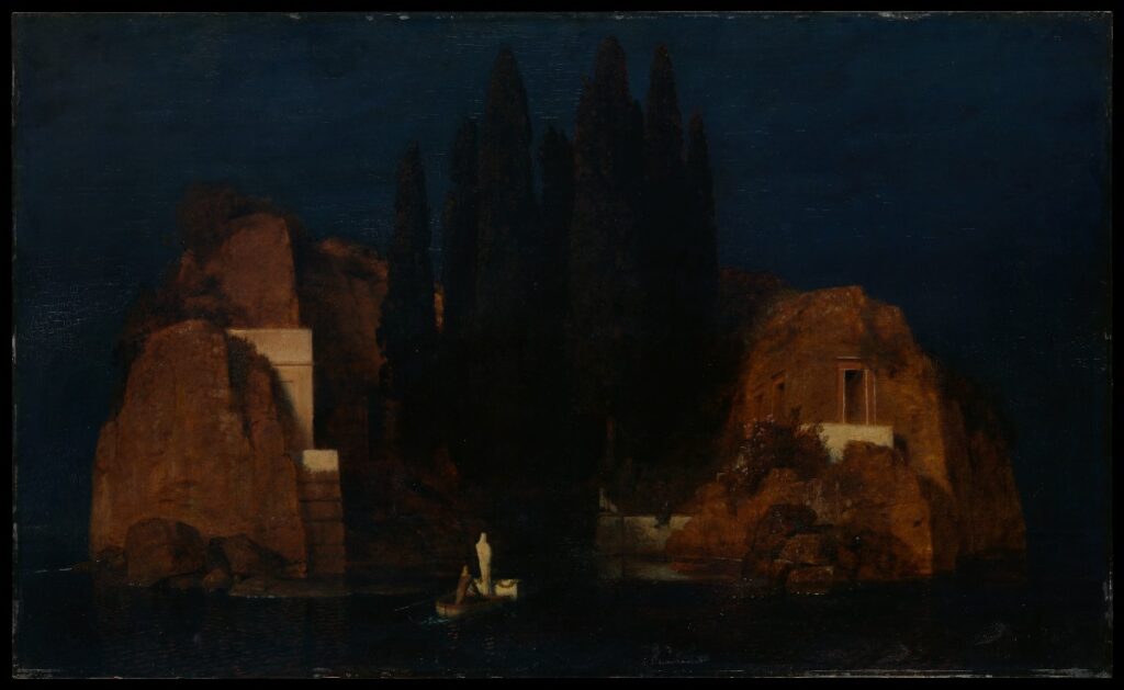 Böcklin’s patron Marie Berna commissioned this painting in 1880 as a memorial to her late husband. It is based on an unfinished canvas that she saw in the artist’s studio in Florence; at her request, he added the draped coffin and the shrouded figure to the rowboat in the foreground. Böcklin later wrote to her, 