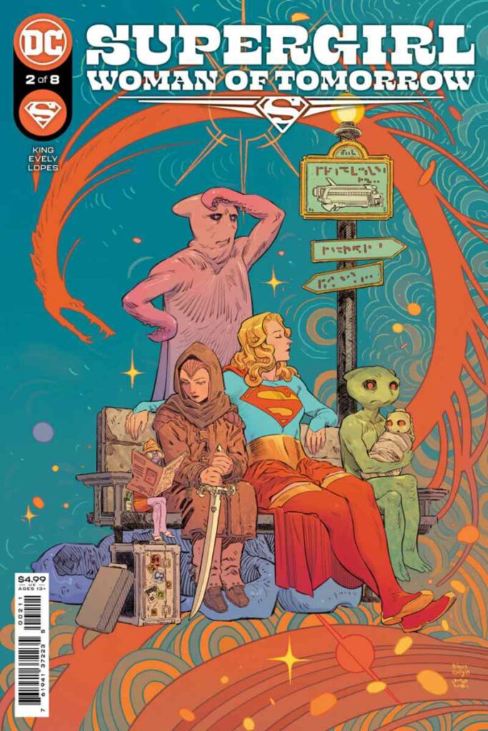 The cover of Supergirl: Woman of Tomorrow issue 2, featuring Kara and Ruthye at a space bus stop