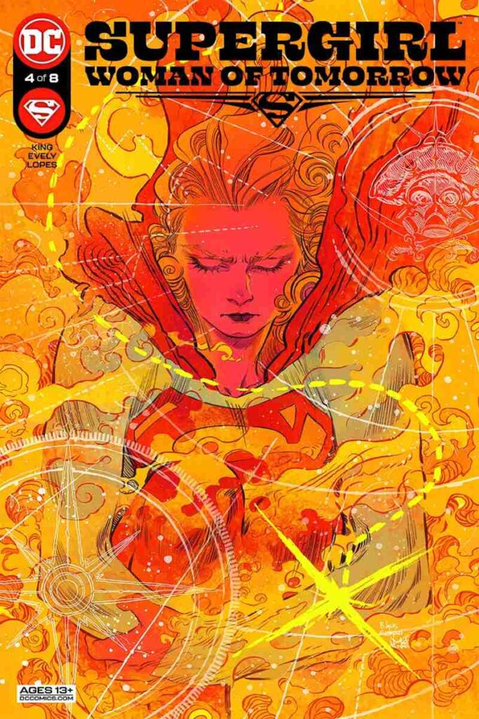 The cover of Supergirl: Woman of Tomorrow issue 4, featuring a close of of Supergirl as she's surrounded by radiant flames
