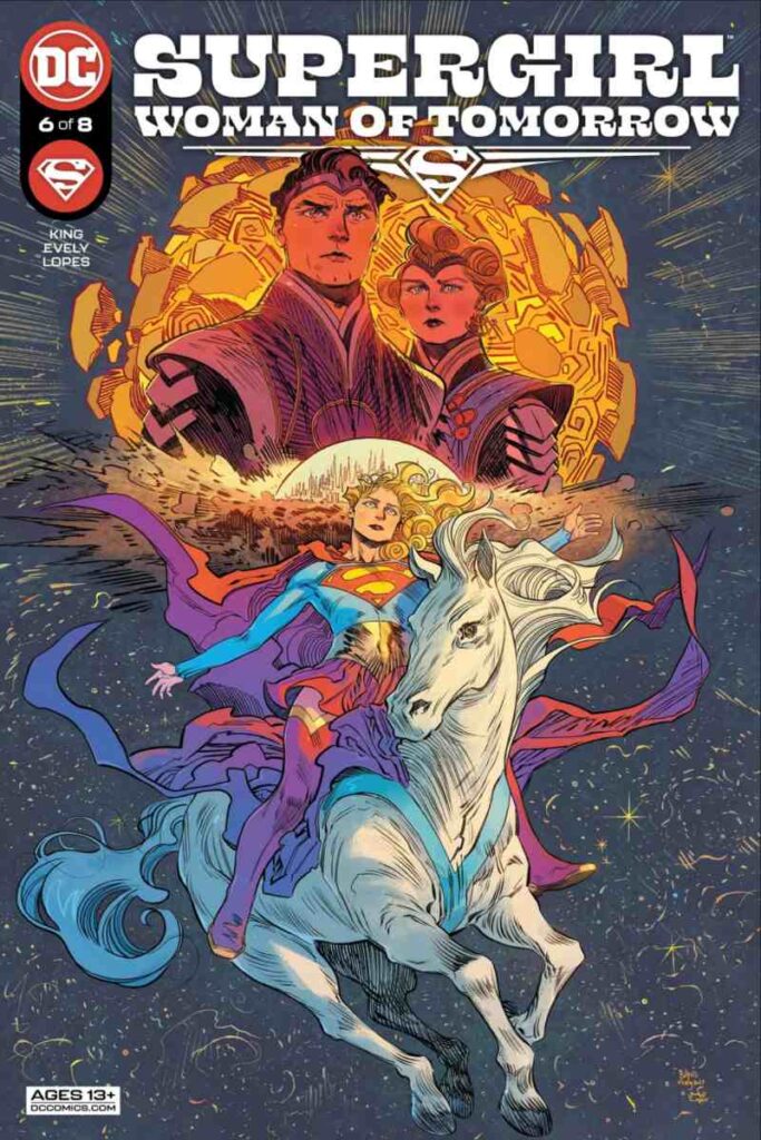 The cover of Supergirl: Woman of Tomorrow issue 6, featuring Supergirl as she rides on the horse Comet